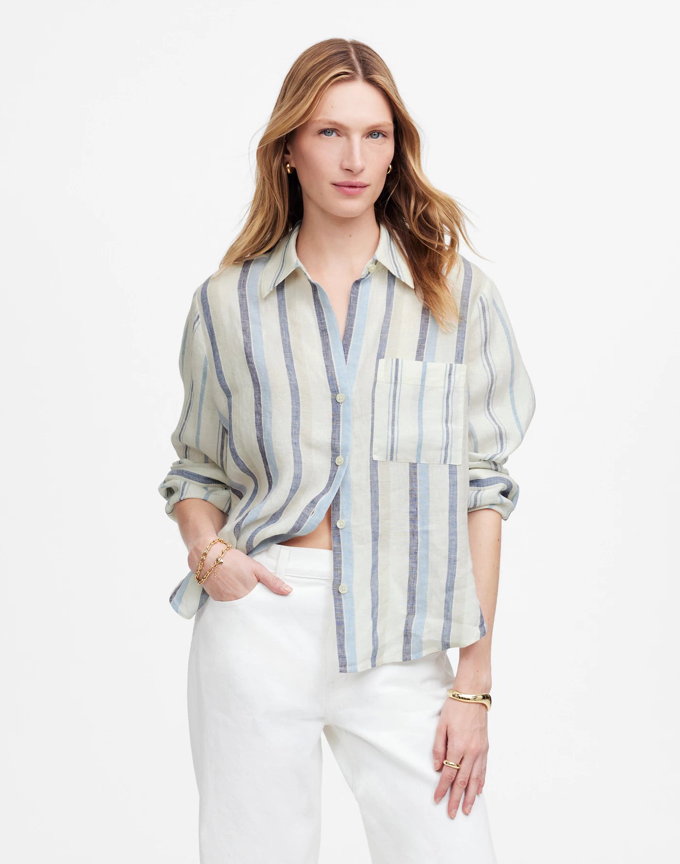 Linen Easy Y-Neck Button-Up Shirt in Mixed Stripe