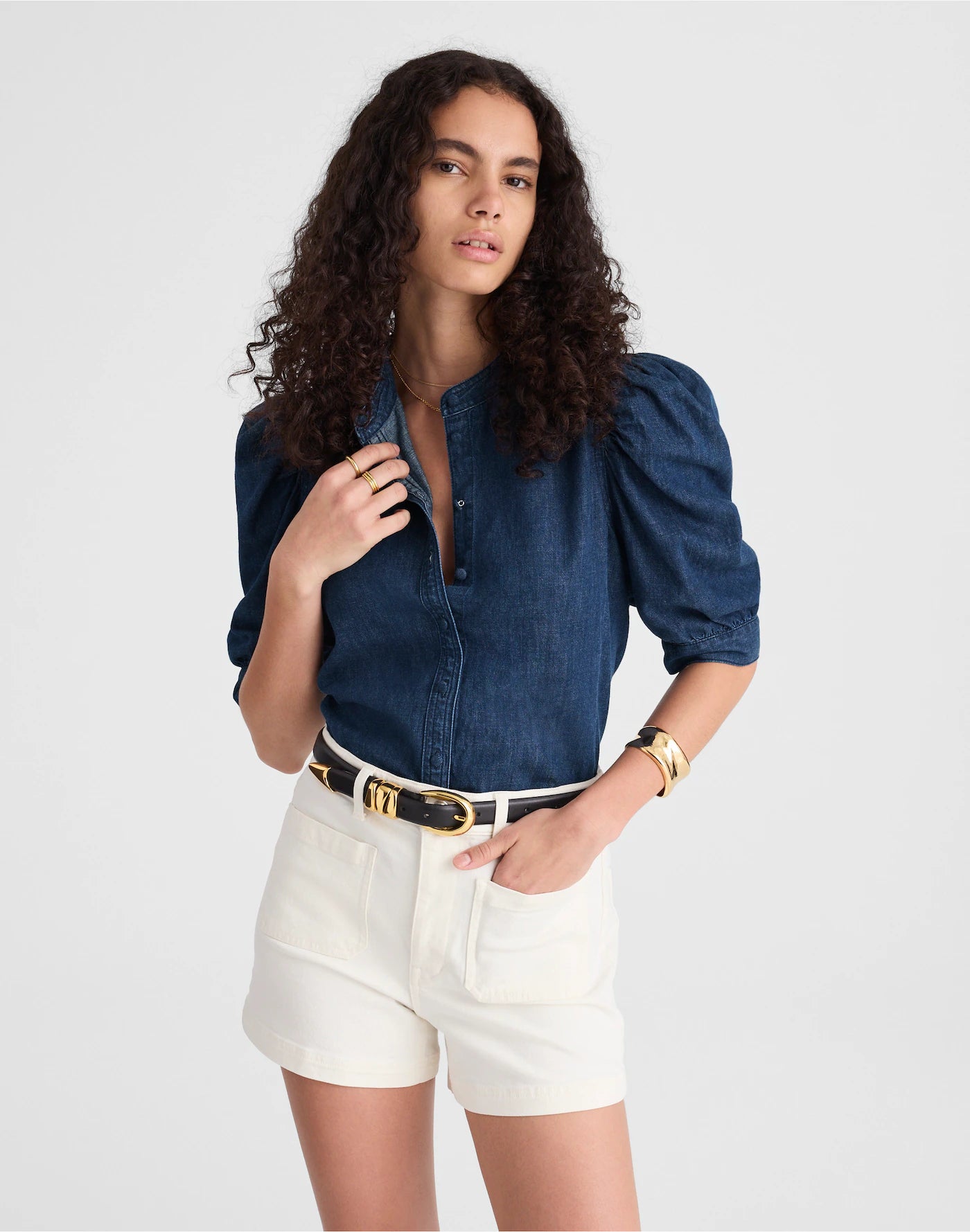 Denim Puff-Sleeve Band-Collar Shirt