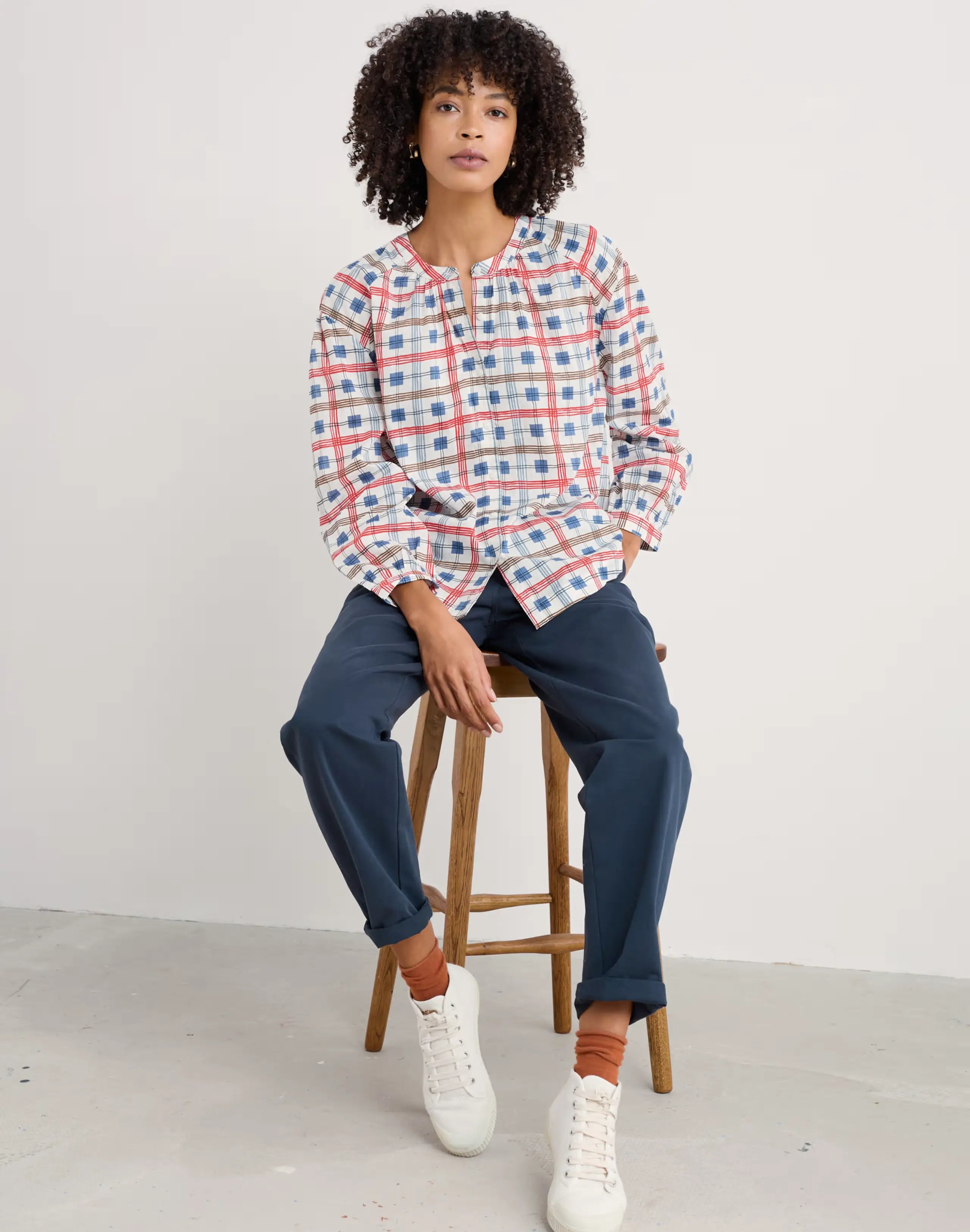 Pure Cotton Checked Round Neck Button Through Shirt