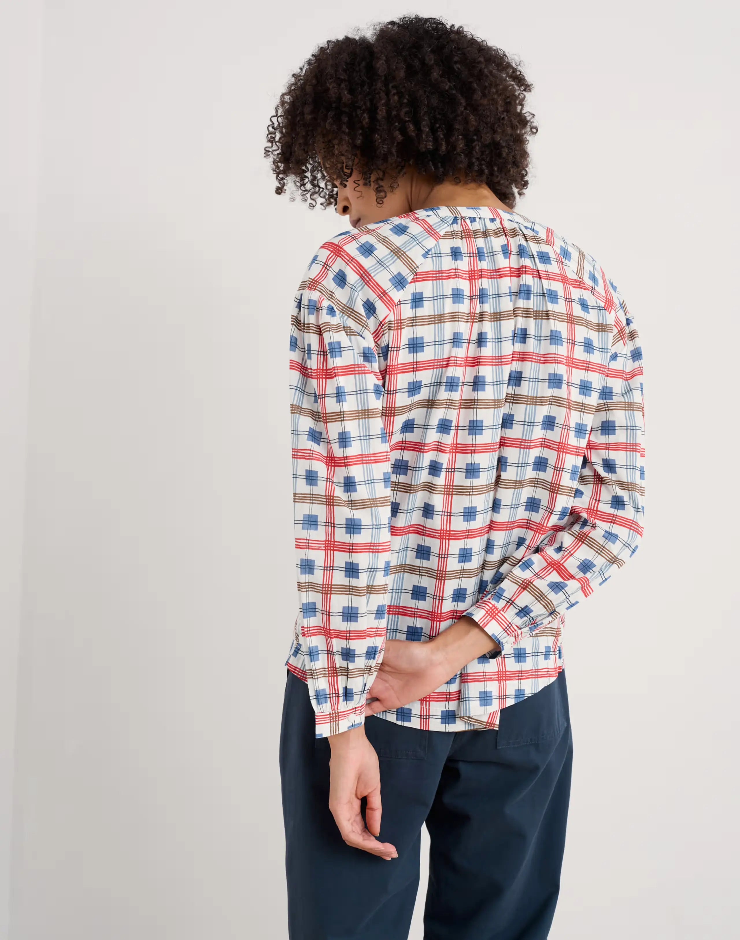 Pure Cotton Checked Round Neck Button Through Shirt